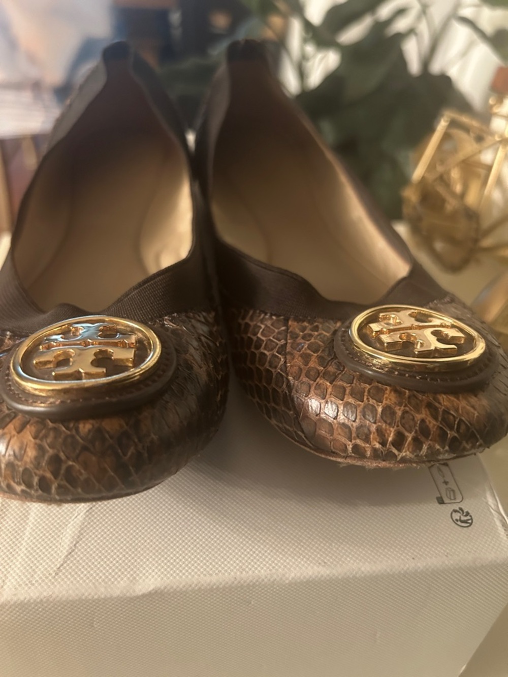 Tory Burch Brown Snake-Embossed Logo Round-Toe Flats - Picture 2 of 11